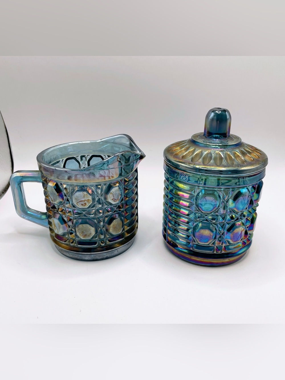Indiana Glass Iridescent Blue Carnival Glass Creamer and Sugar Set